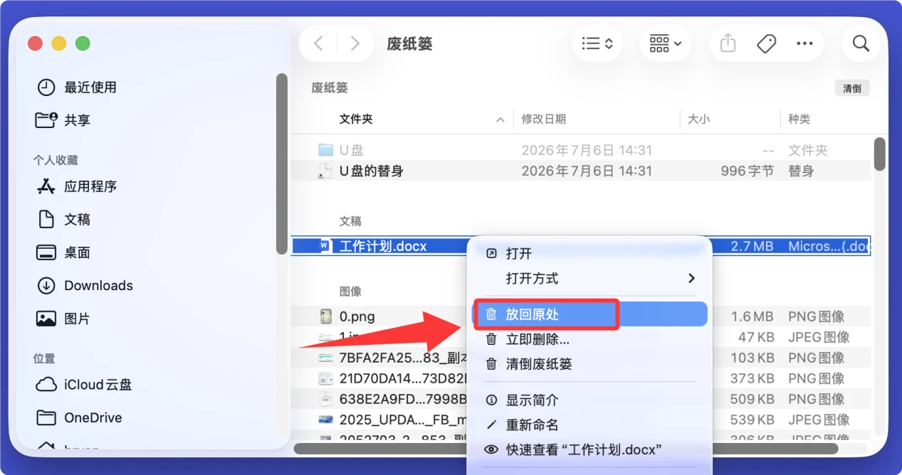 如何将Mac废纸篓内的文件放回原处